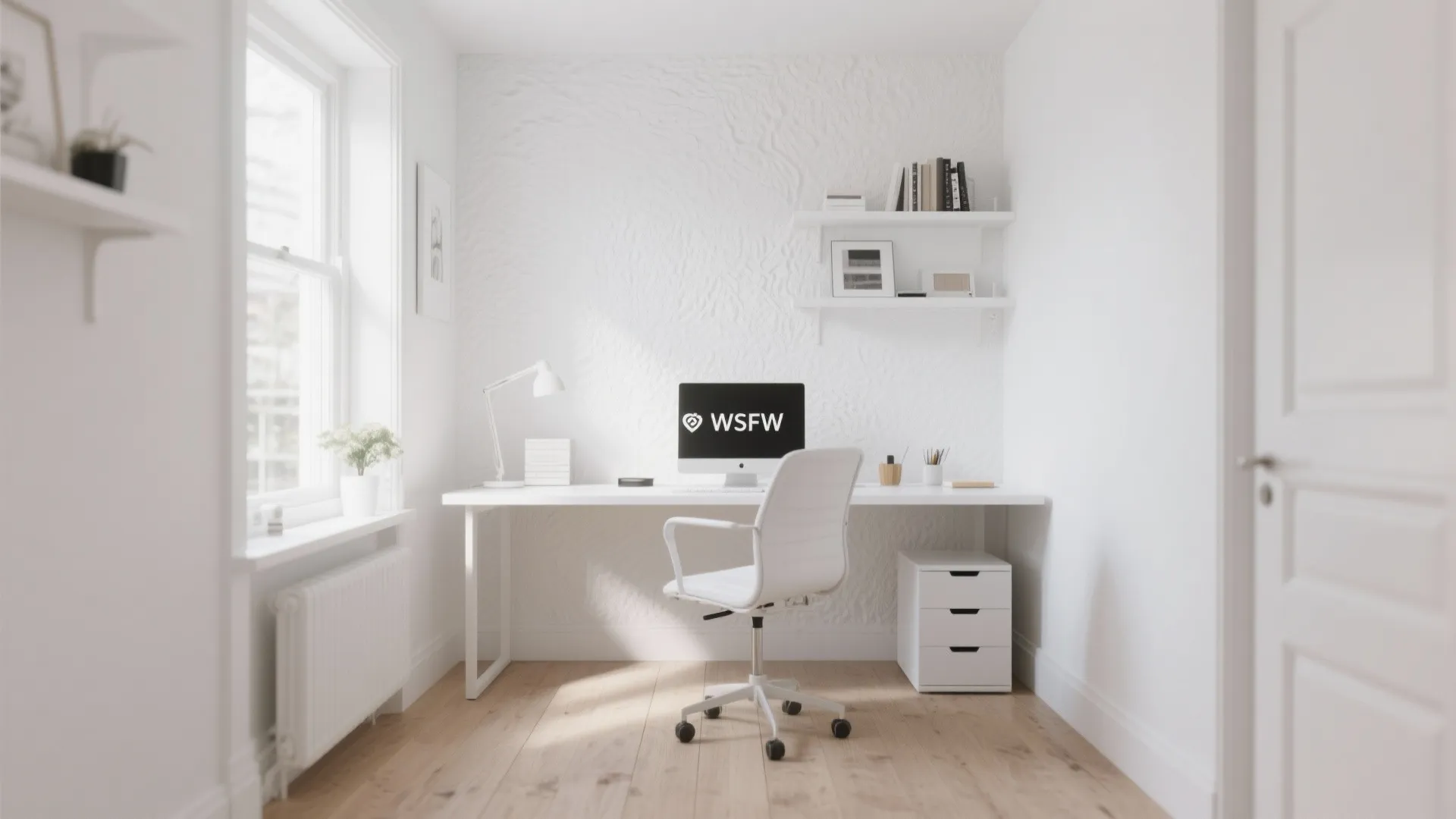 All-white small home office with matte walls and glossy desk