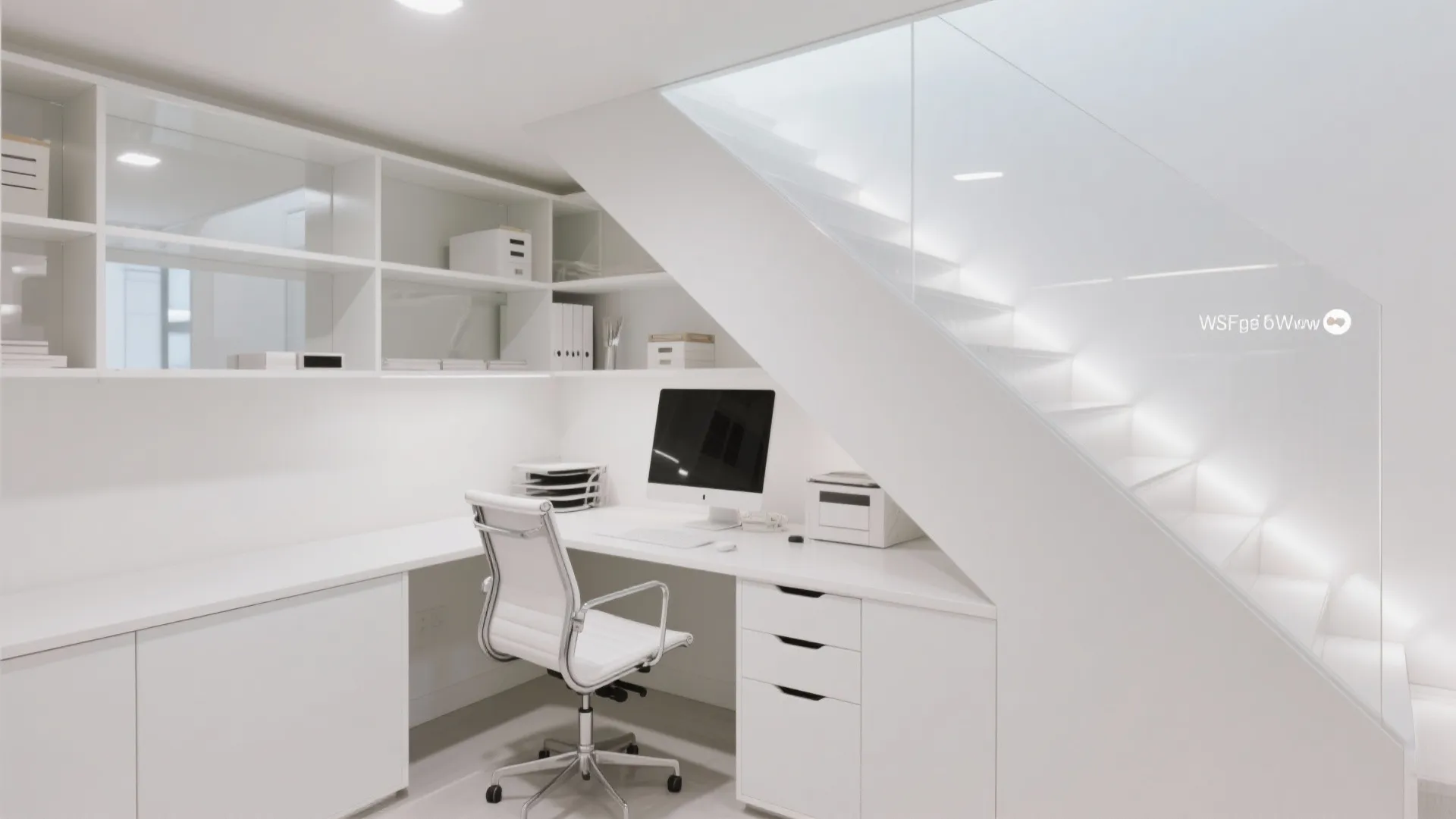 Minimalist all white home office under glass stairs featuring white desk, chair, and storage cabinets