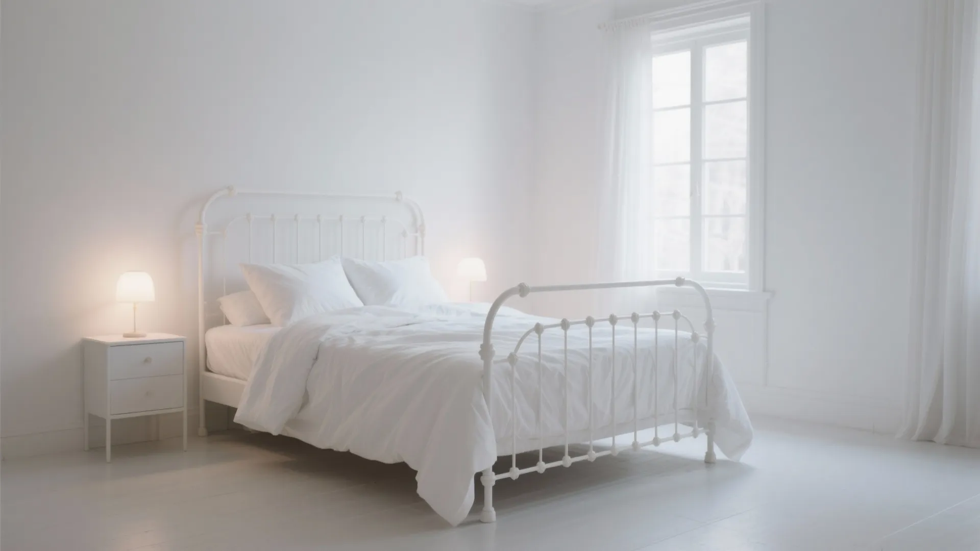 All-white bedroom with white metal bed and warm lighting