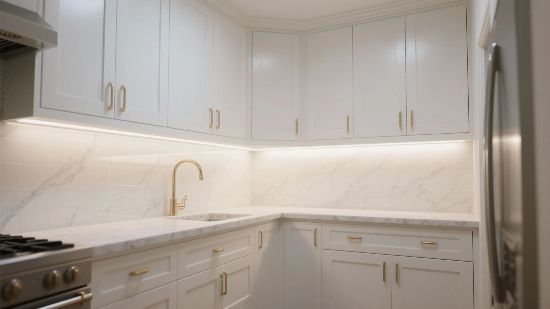 White kitchen design with marble countertop gold faucet under cabinet lighting and clean modern cabinets