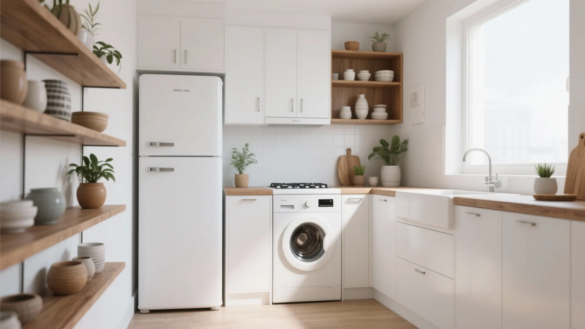 Studio kitchen with white appliances and warm wood open shelving for texture and brightness.