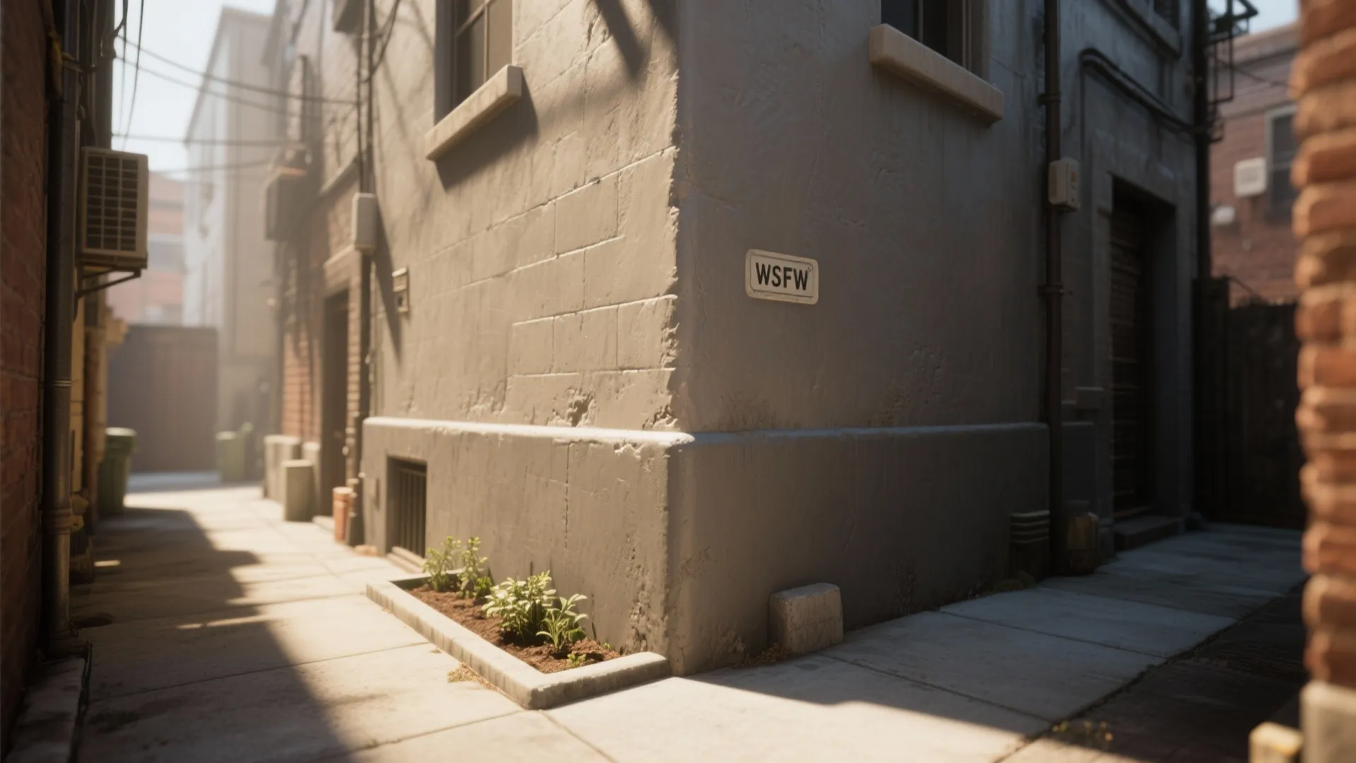 Narrow sunlit outdoor alleyway between stone buildings with green plants and a small wall sign