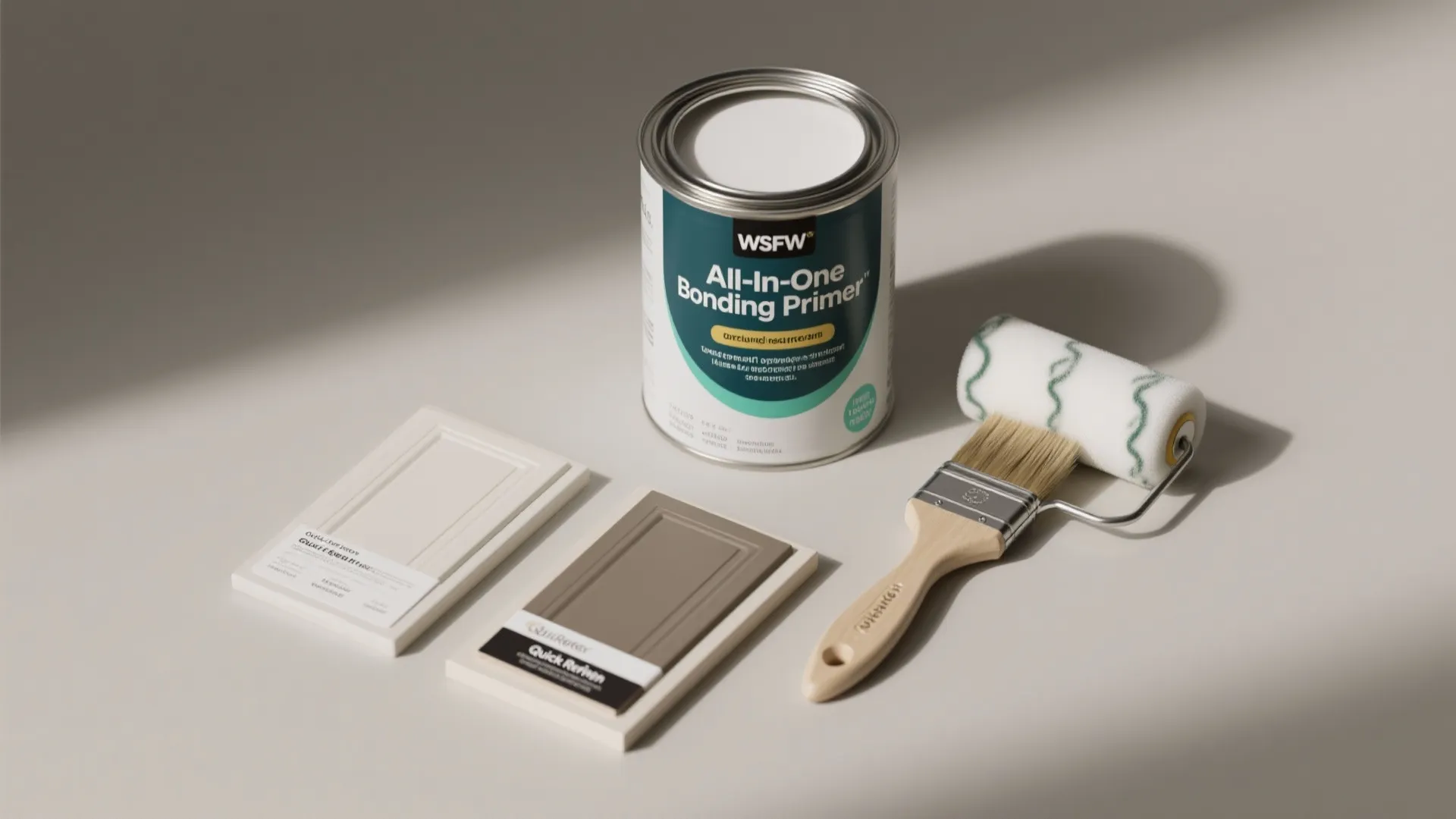 Flatlay of an all-in-one bonding primer-paint can, brush, and sample cards for quick cabinet refresh.