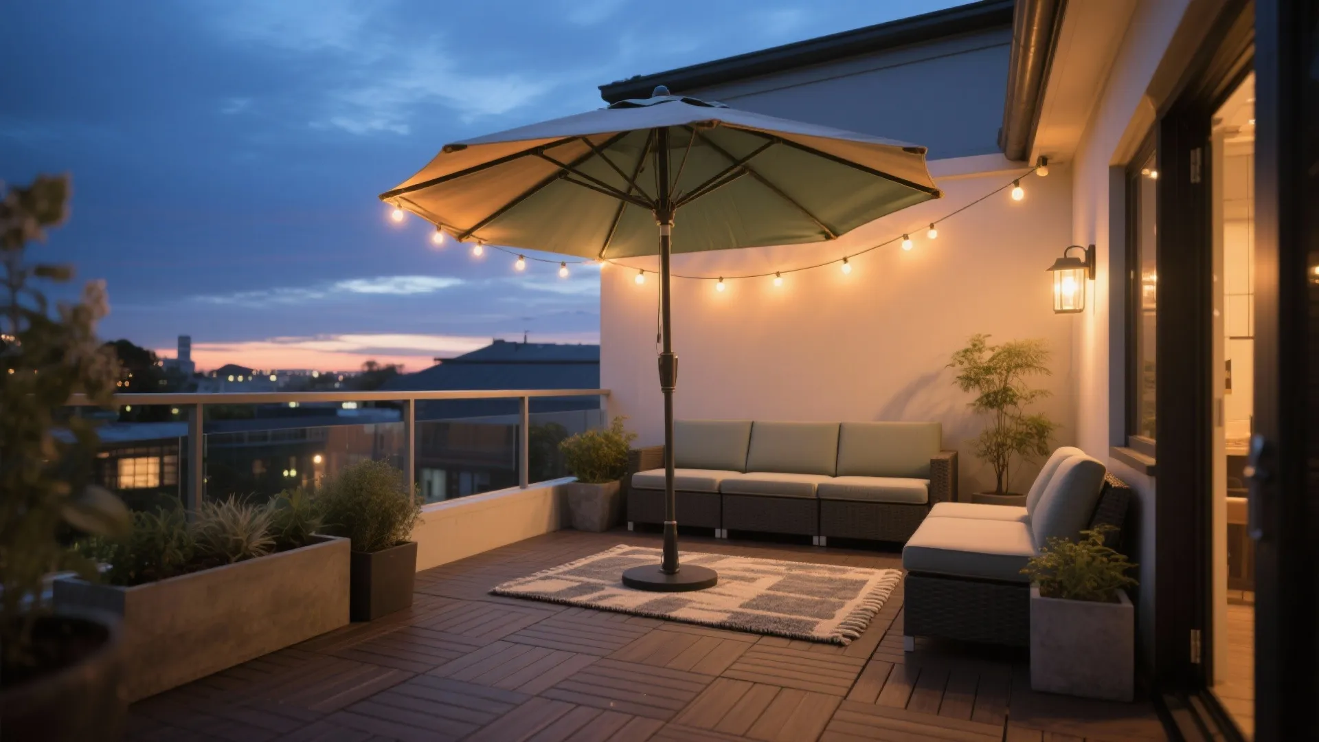 Outdoor patio at night with grey sofa large green umbrella string lights and small potted plants