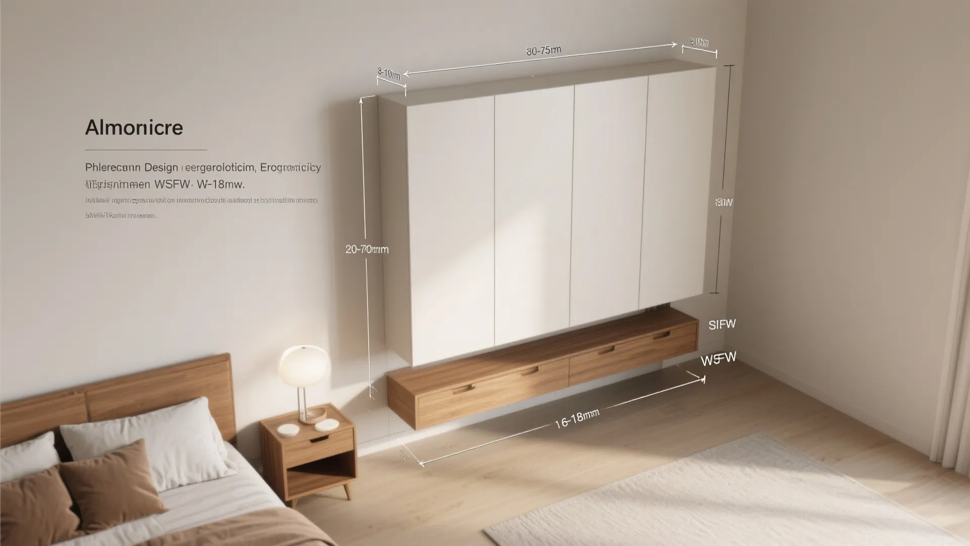 Interior design drawing with white wall cabinet and wood floating drawers showing specific size dimensions