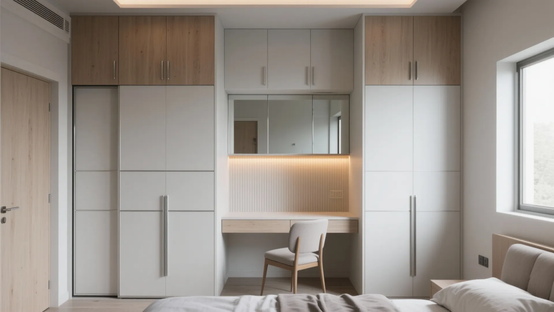 Built-in white and wood bedroom cabinets with integrated desk area vanity mirror and grey chair