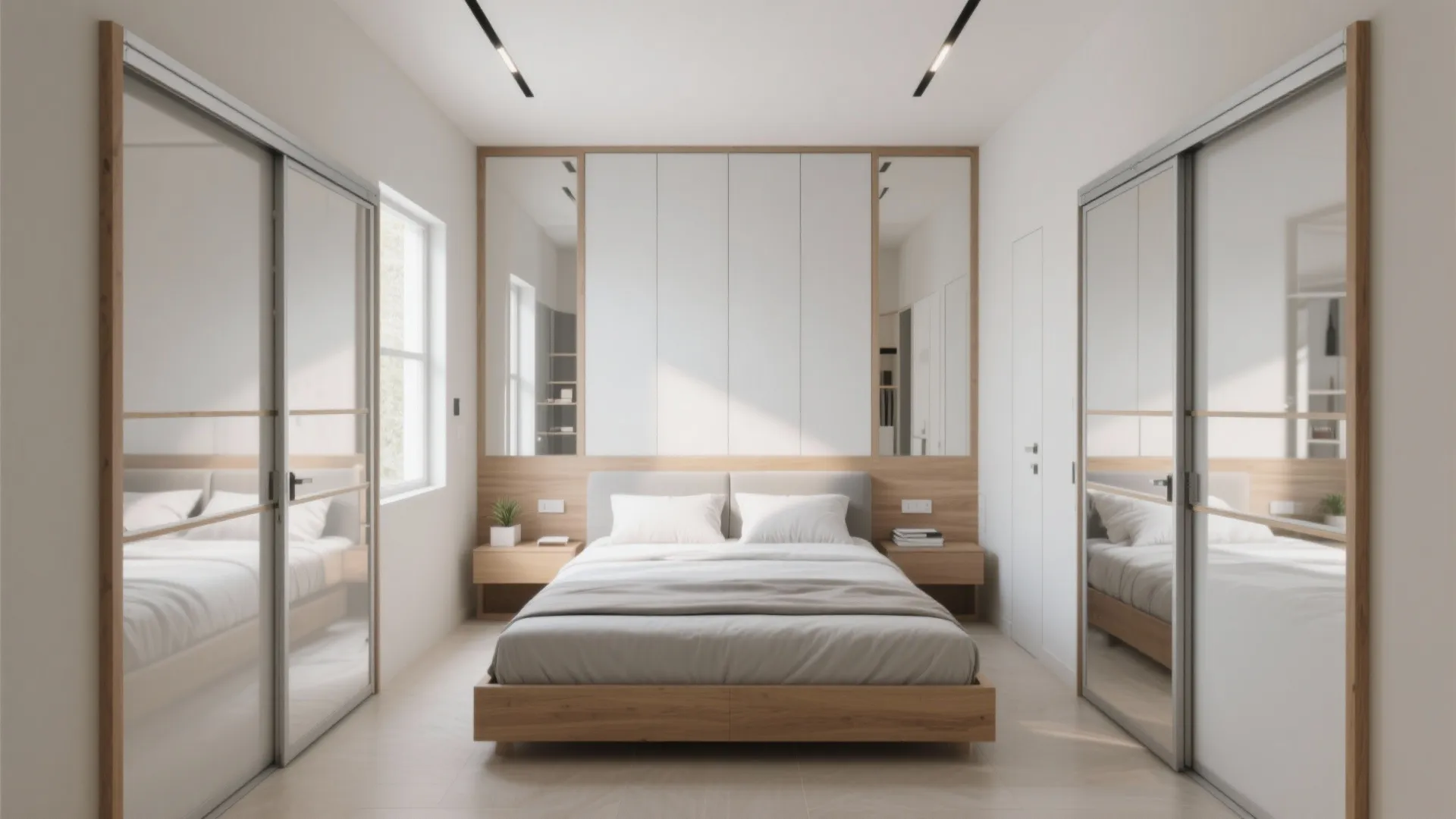 Bright bedroom with a wooden bed and large mirror sliding cabinets on both side walls
