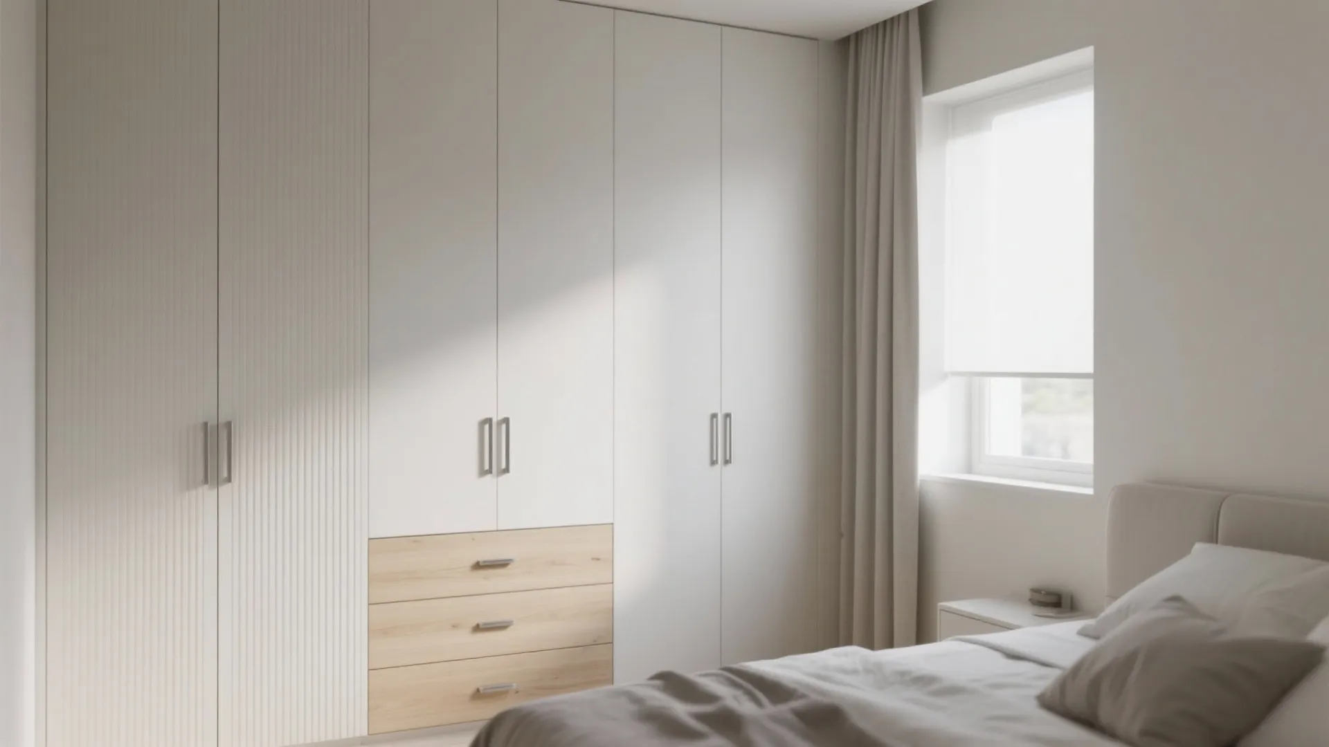 Built-in white bedroom cabinet with wooden drawers next to a window with light beige curtains