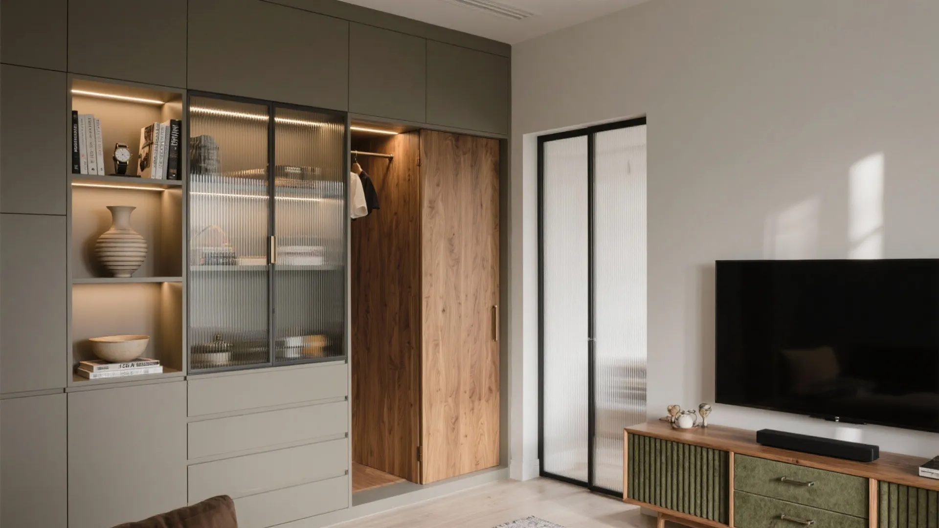Modern grey cabinet with glass doors wooden closet section and a television on wood stand