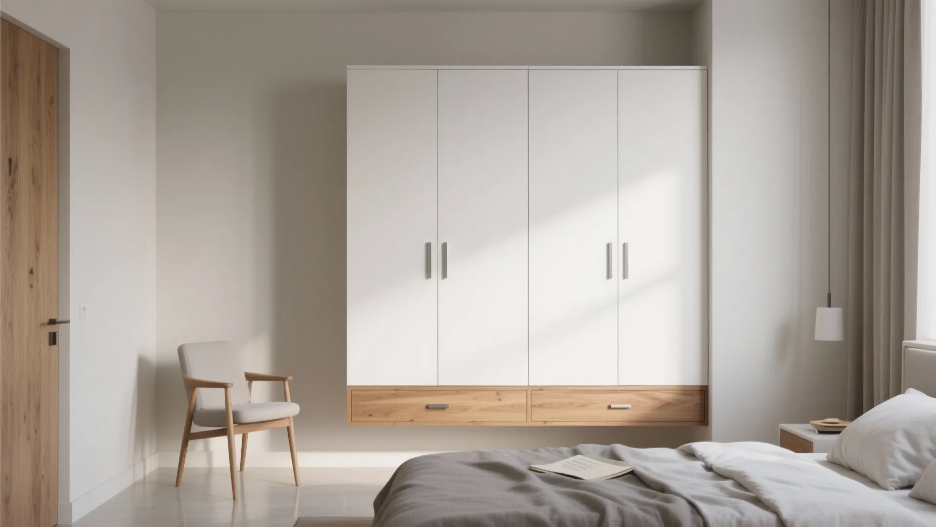 Modern bedroom with white wall cabinet wooden drawers grey chair bed and soft natural light