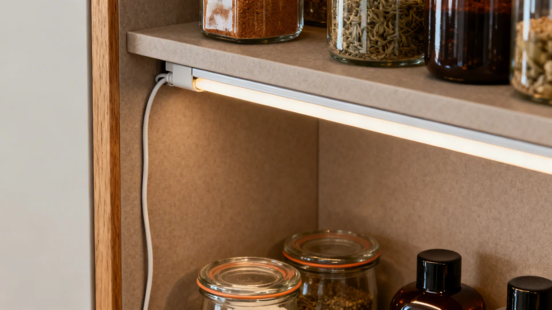Warm diffused LED strip under a kitchen almirah shelf illuminating spices evenly.