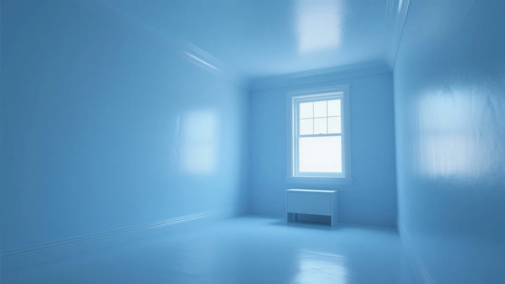 Empty room with light blue walls and floors featuring one white window and small cabinet