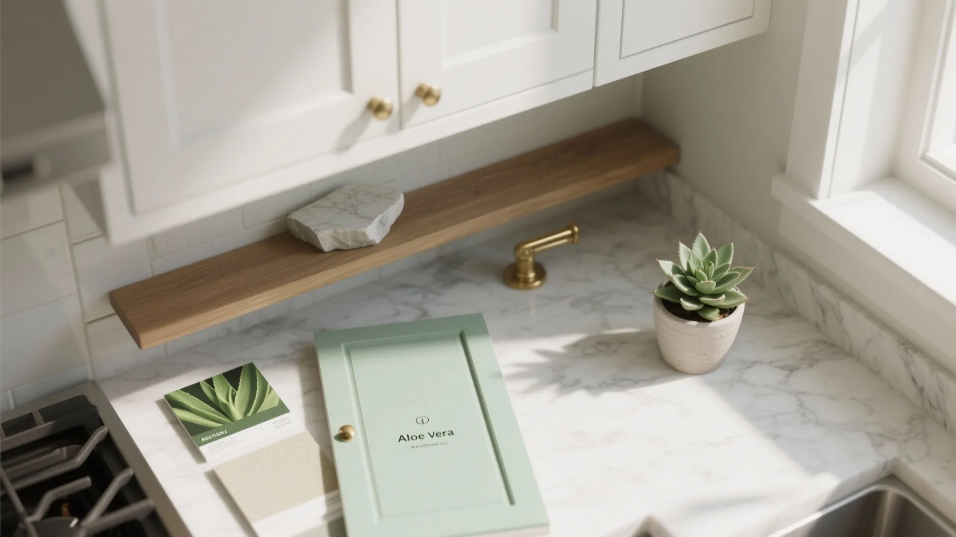 Flatlay of Aloe Vera paint chip, oak sample, marble fragment and brass hardware for kitchen planning.