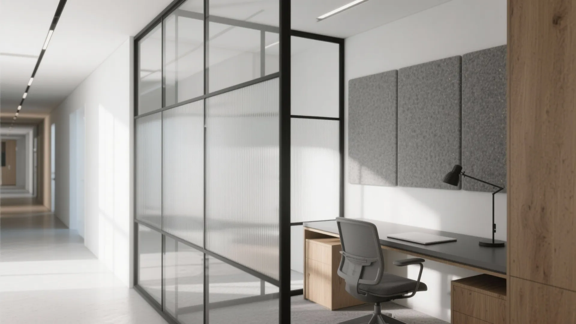 Office workspace with black desk and grey chair separated by glass wall from long hallway