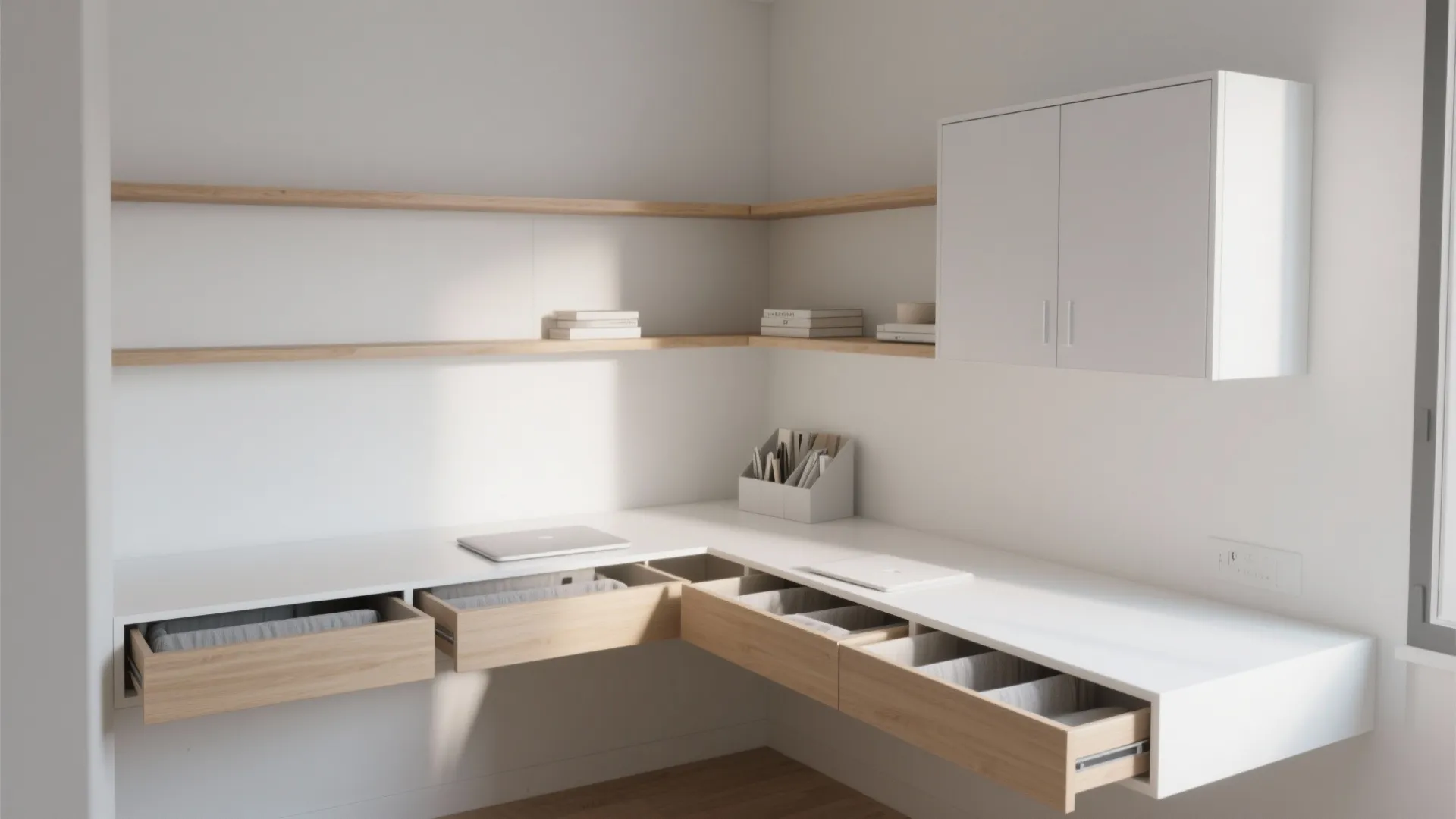 Minimalist white home office corner featuring floating wooden shelves wall cabinet and open storage drawers