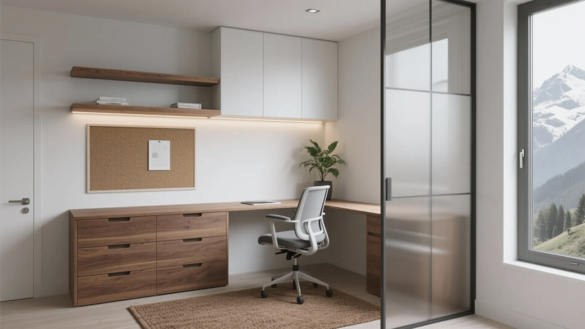 Modern home office with wood desk and chair plus white cabinets and large window view