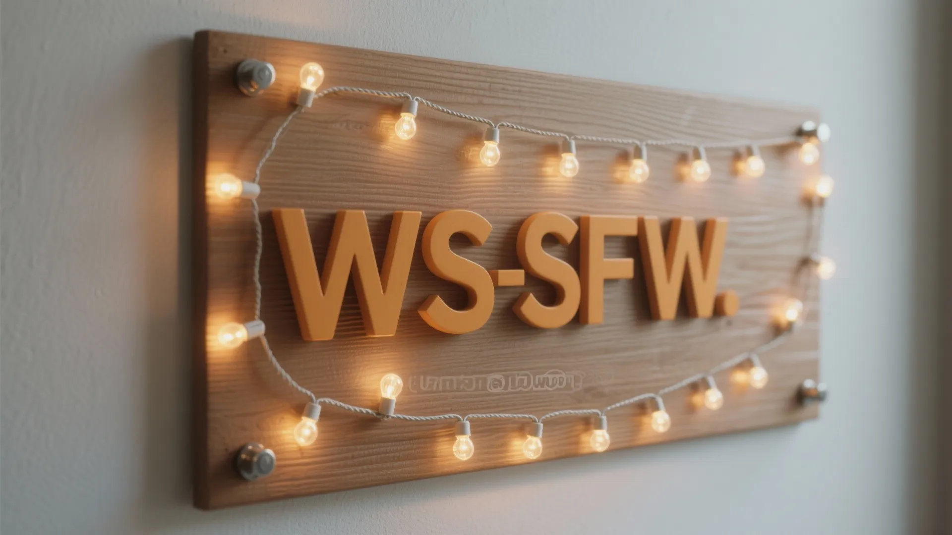 Wooden wall board with yellow letters and glowing string lights for creative home interior decoration style