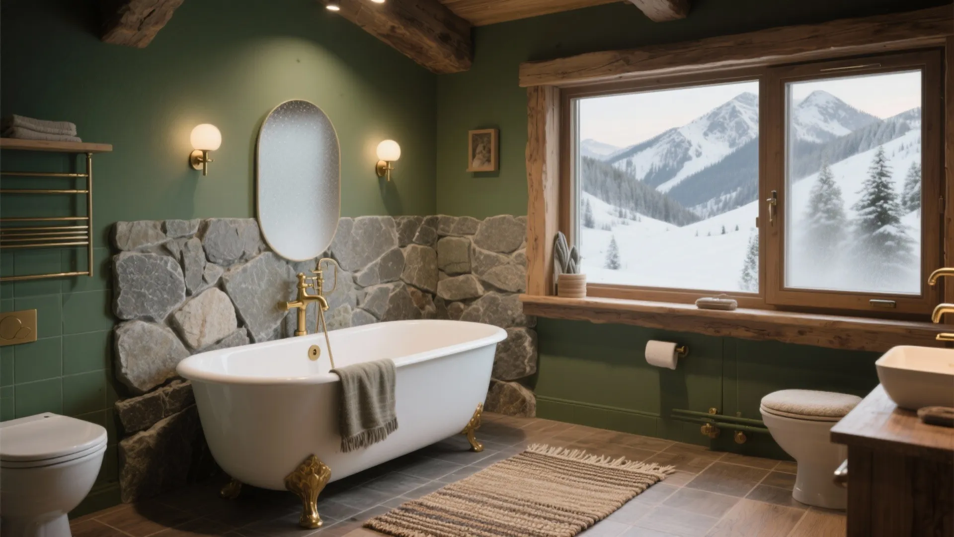 Rustic green bathroom with stone wall, white bathtub, wood window frame, and winter mountain scenery