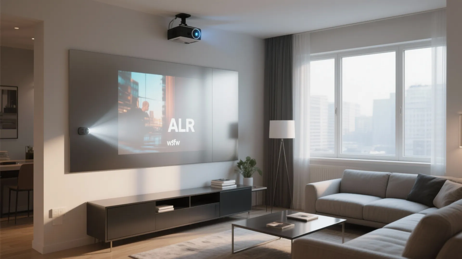 Projector mounted on ceiling showing movie on large screen in modern living room with grey sofa