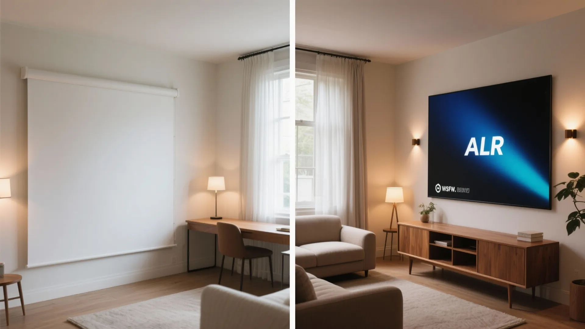 Before and after comparison showing a blank white screen vs a clear dark television screen