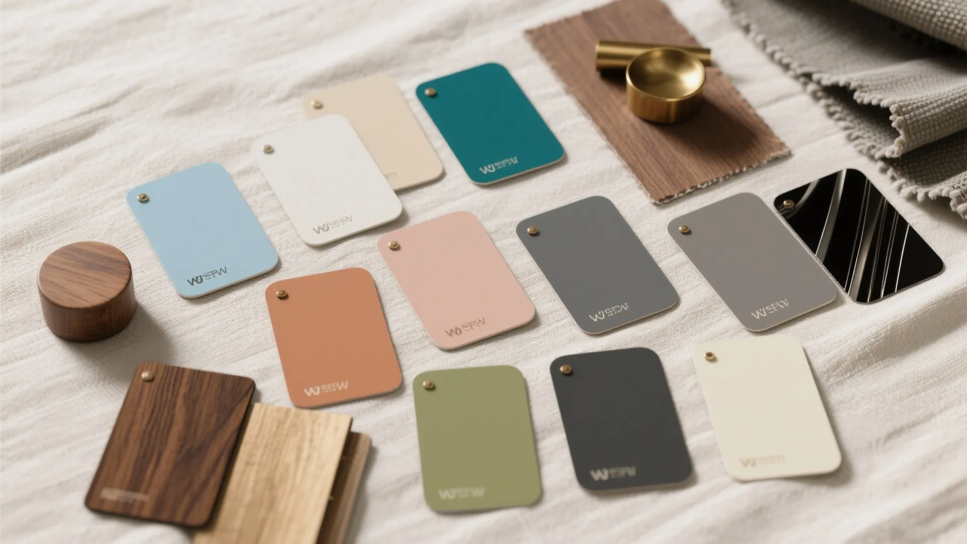 Top-down flat lay of paint chips in neutrals, blues, teals, terracotta, olive, and charcoal with wood and fabric swatches.