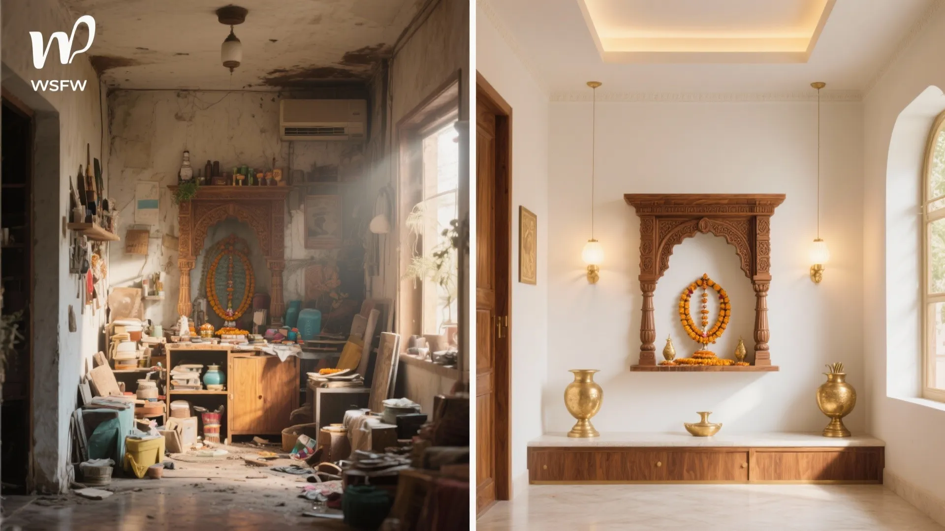 Before-and-after comparison of a cluttered dark room versus a clean minimalist white prayer room design