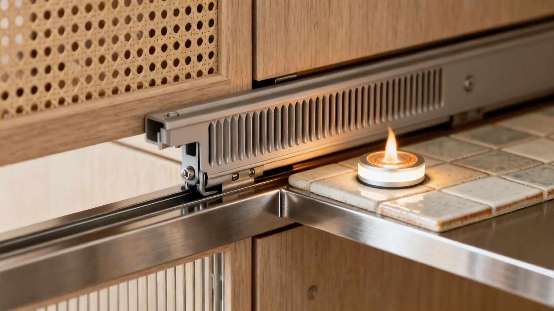 Macro view of cabinet track, vented trim, metal liner, tile pad, and LED puck in a hidden altar.