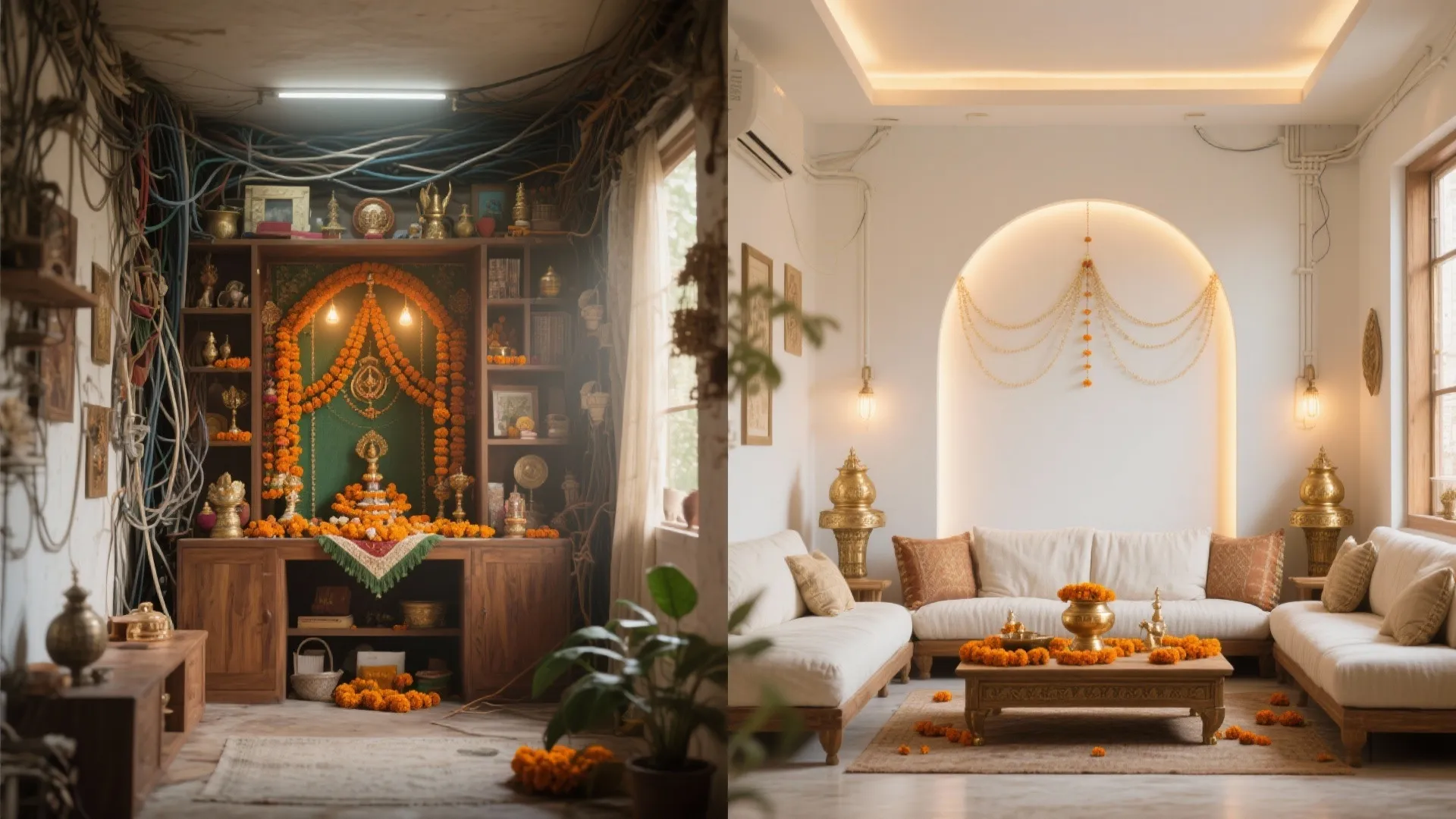 Before and after comparison of a messy dark prayer corner and a clean modern living room