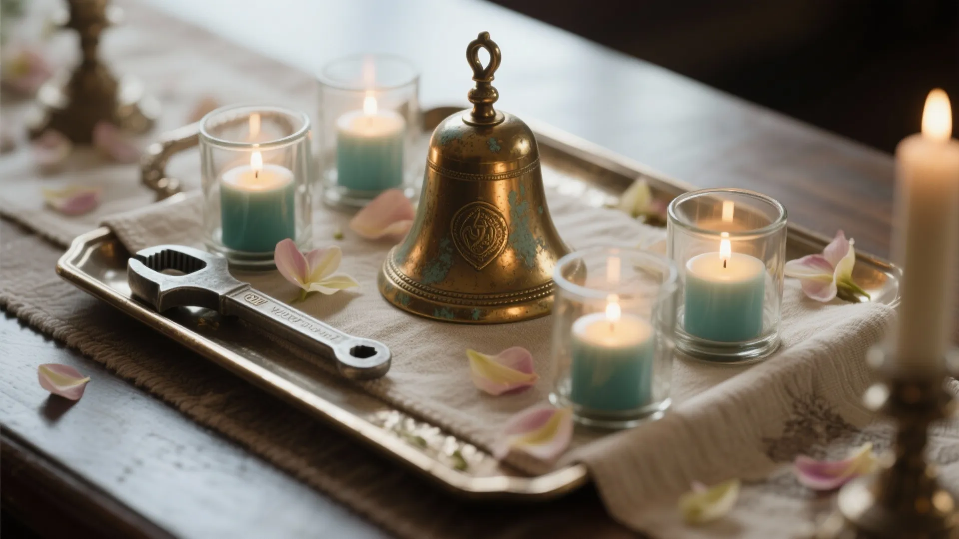 Silver tray holding a brass bell small blue candles flower petals and a metal wrench