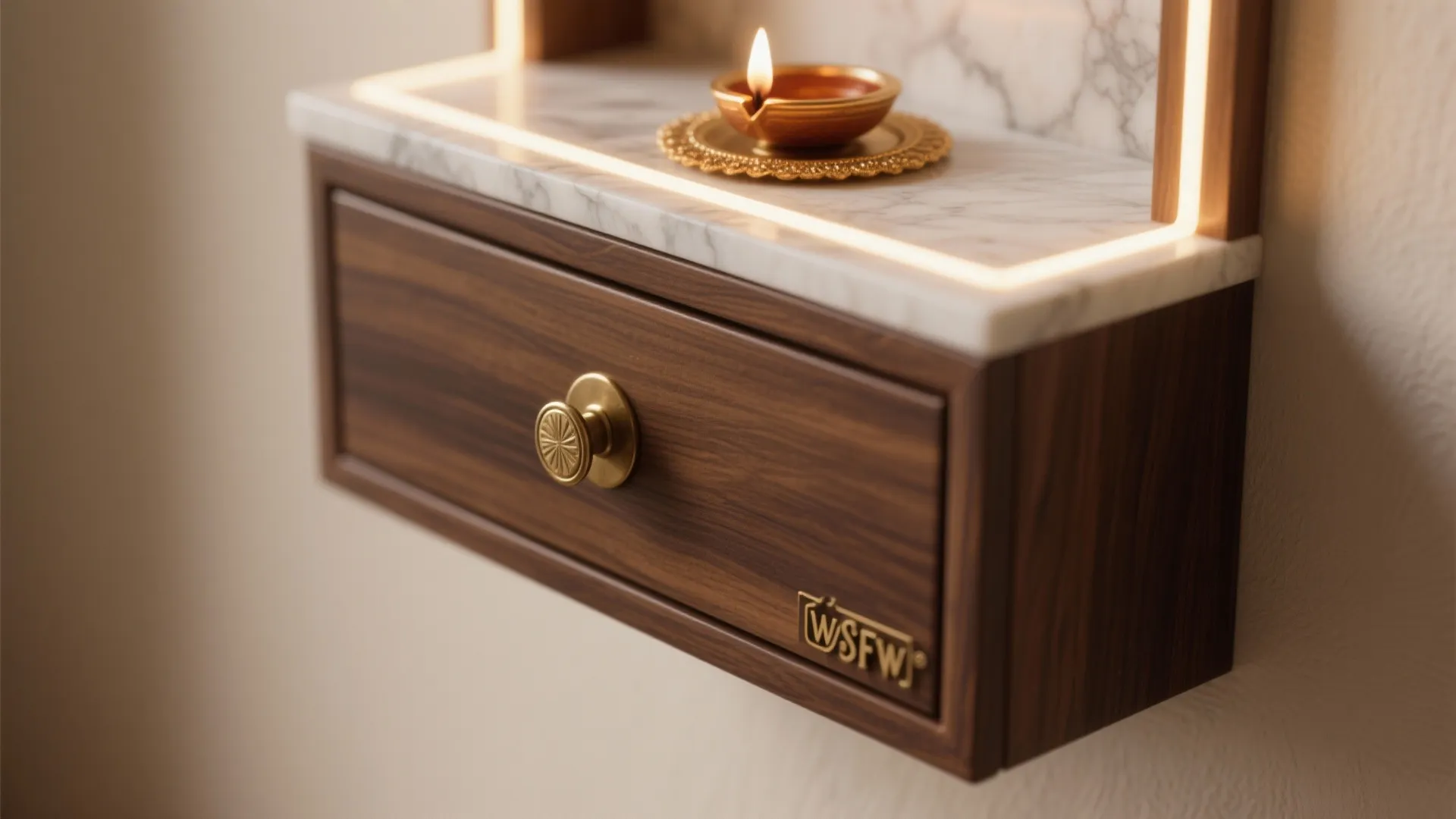 Close-up of brass drawer pull, wood veneer, and marble diya coaster on a floating altar.