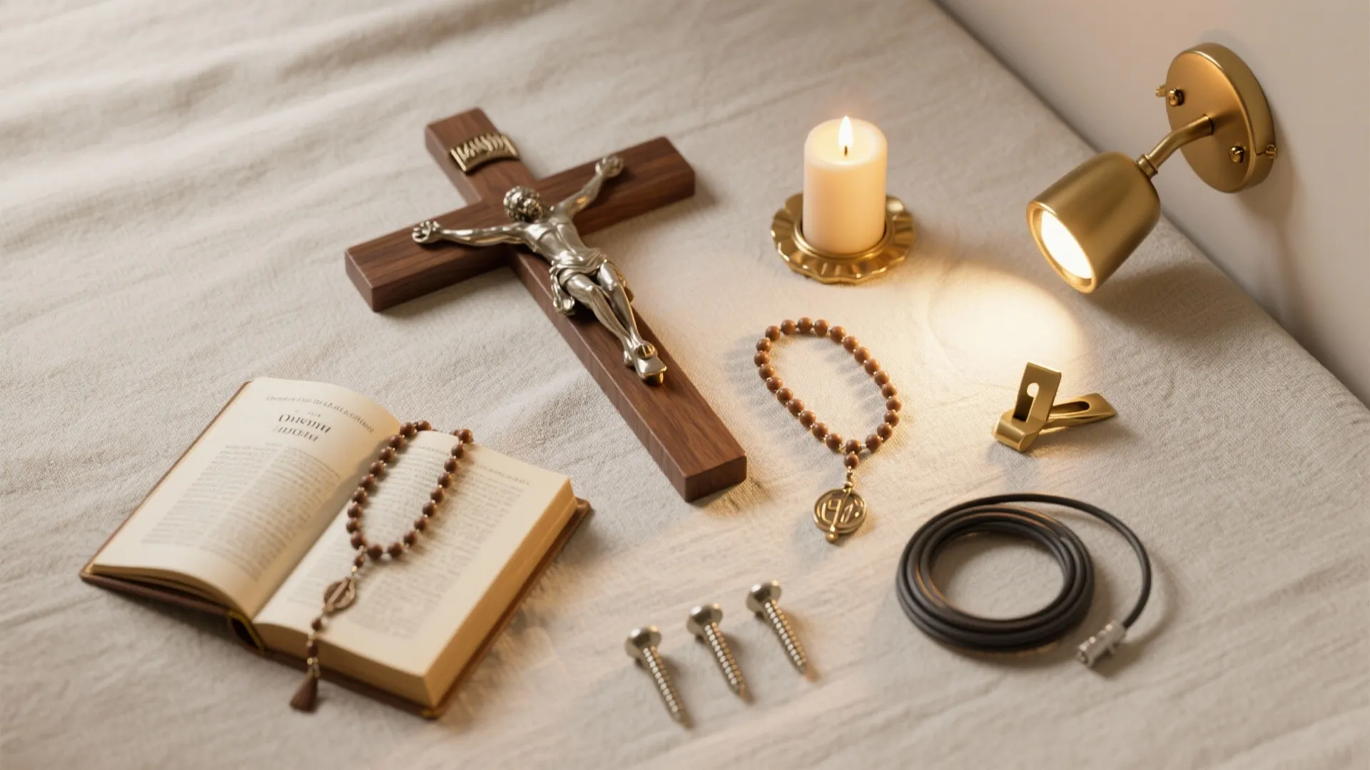 A collection of items including a cross beads an open book candle and wall light