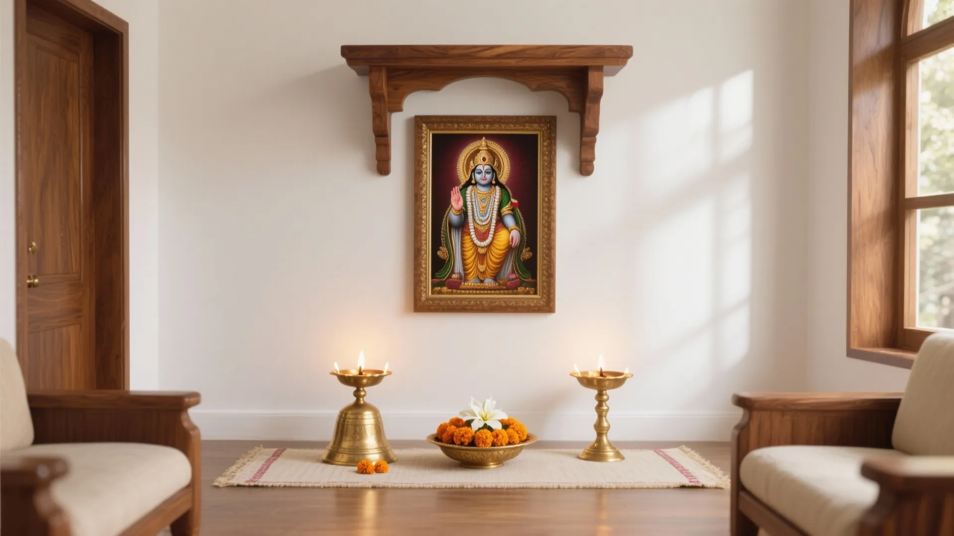 Interior prayer room with framed picture on wall wooden shelf gold lights flowers and sofas