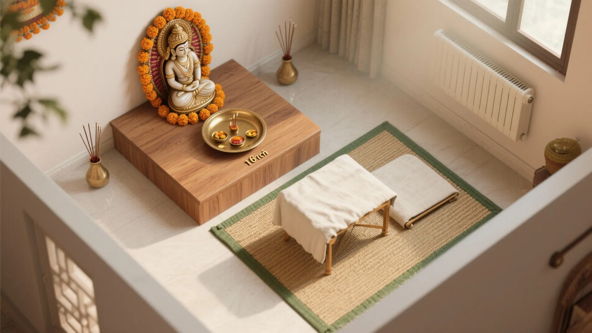 Top-down layout of compact pooja corner with 16-inch riser, slim tray for offerings, floor mat seating and clear pathways.