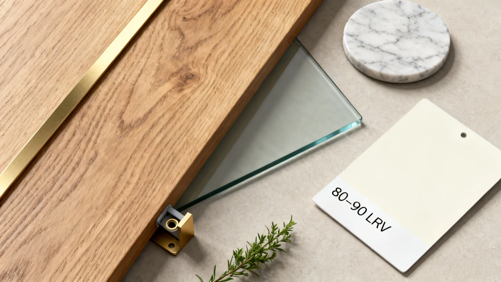 Top-down materials for a floating altar: oak, brass, satin glass, marble, warm white paint, and hardware.