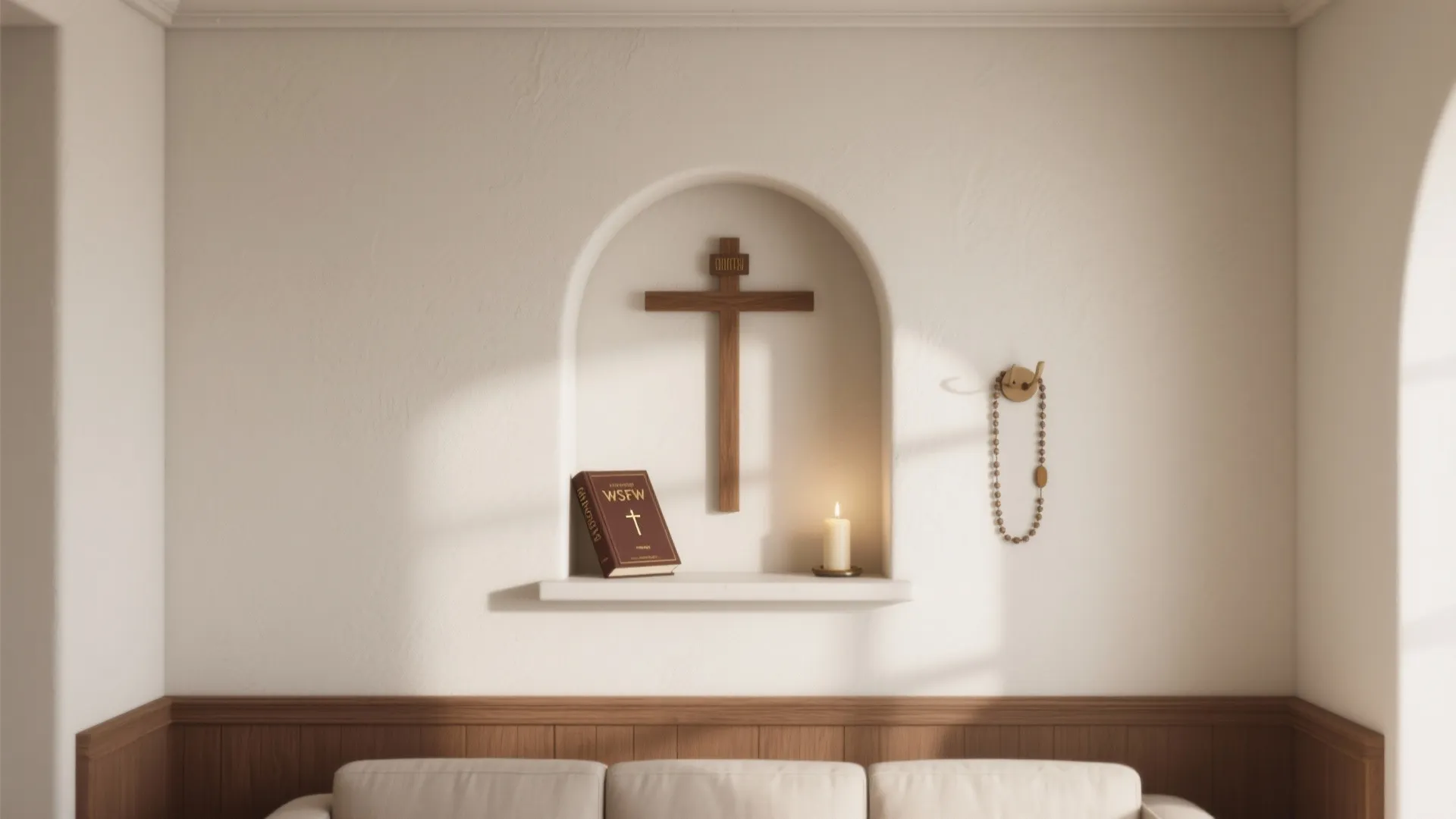 Arched wall niche featuring a wooden cross holy book candle and wall panel in room