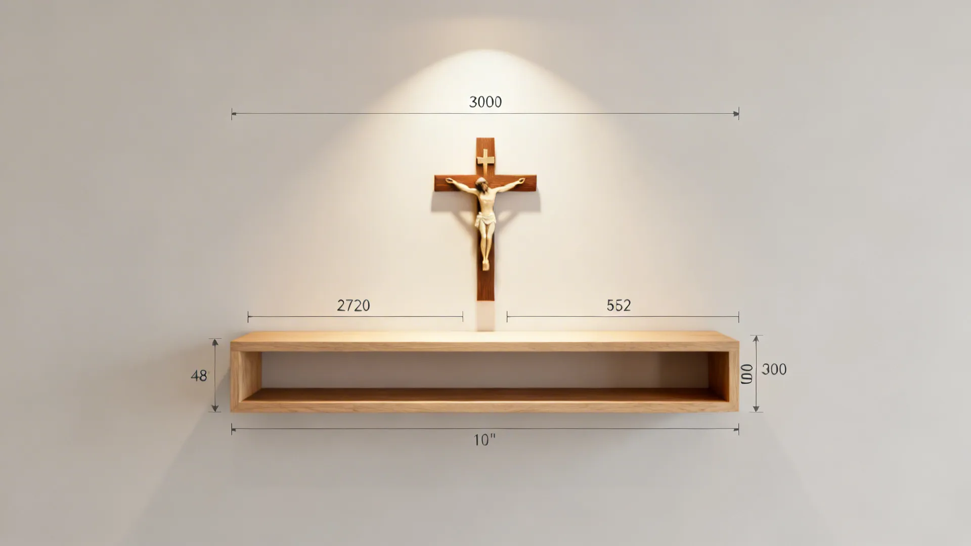 Top-down visual of altar width, depth, and crucifix height with warm light angles.