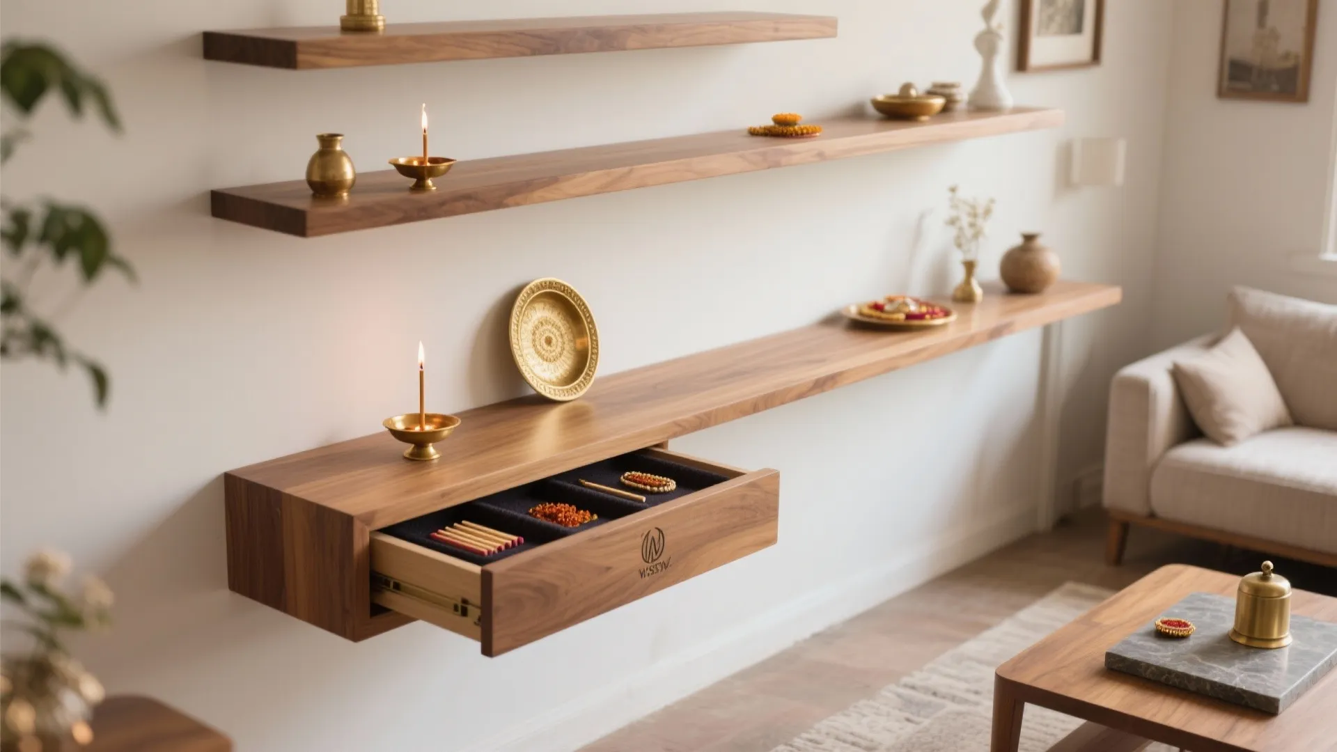 Floating oak mandir shelves with a hidden drawer and brass diya plate, minimalist and clutter-free.