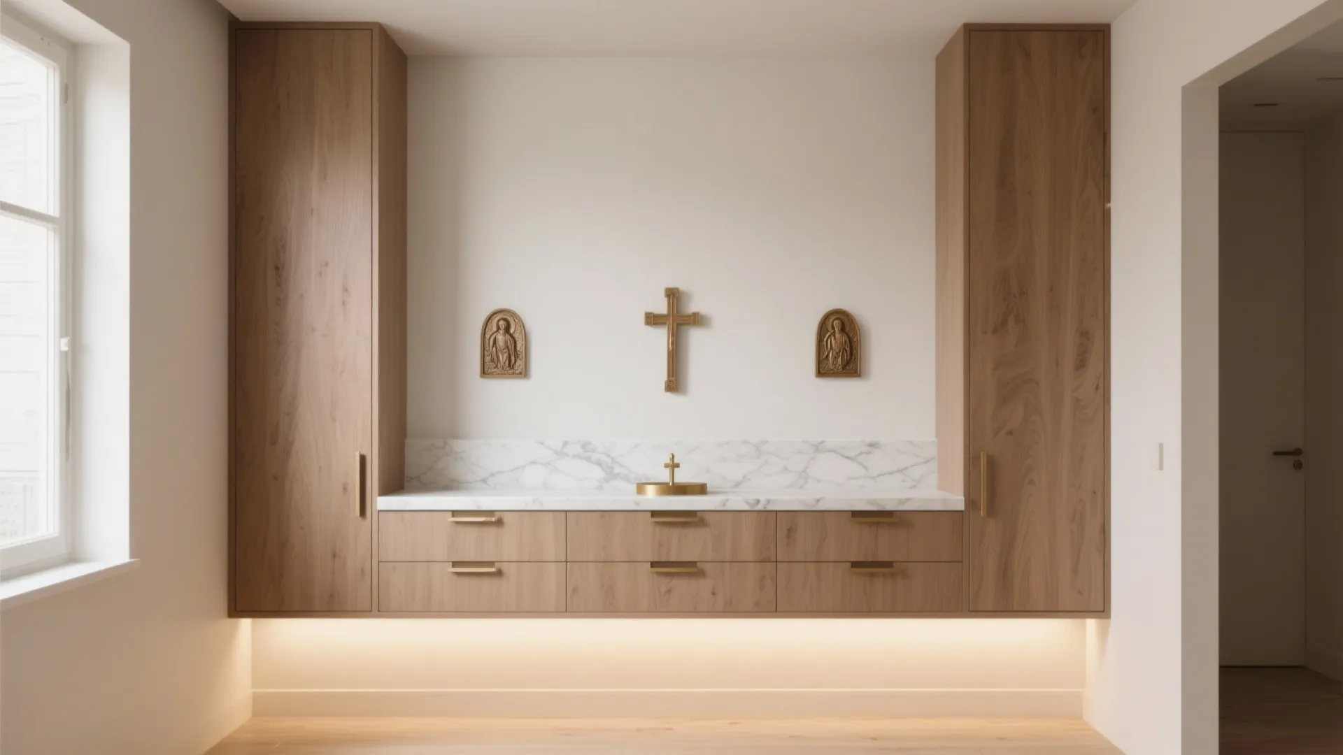 Minimalist altar wall with concealed storage