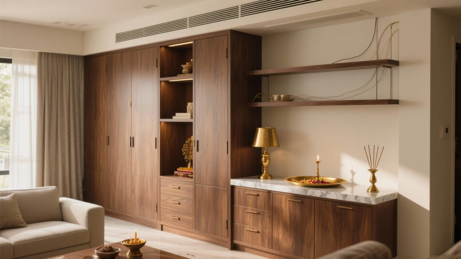 Large wooden cabinet and wall shelves in a living room with golden lamp and candles
