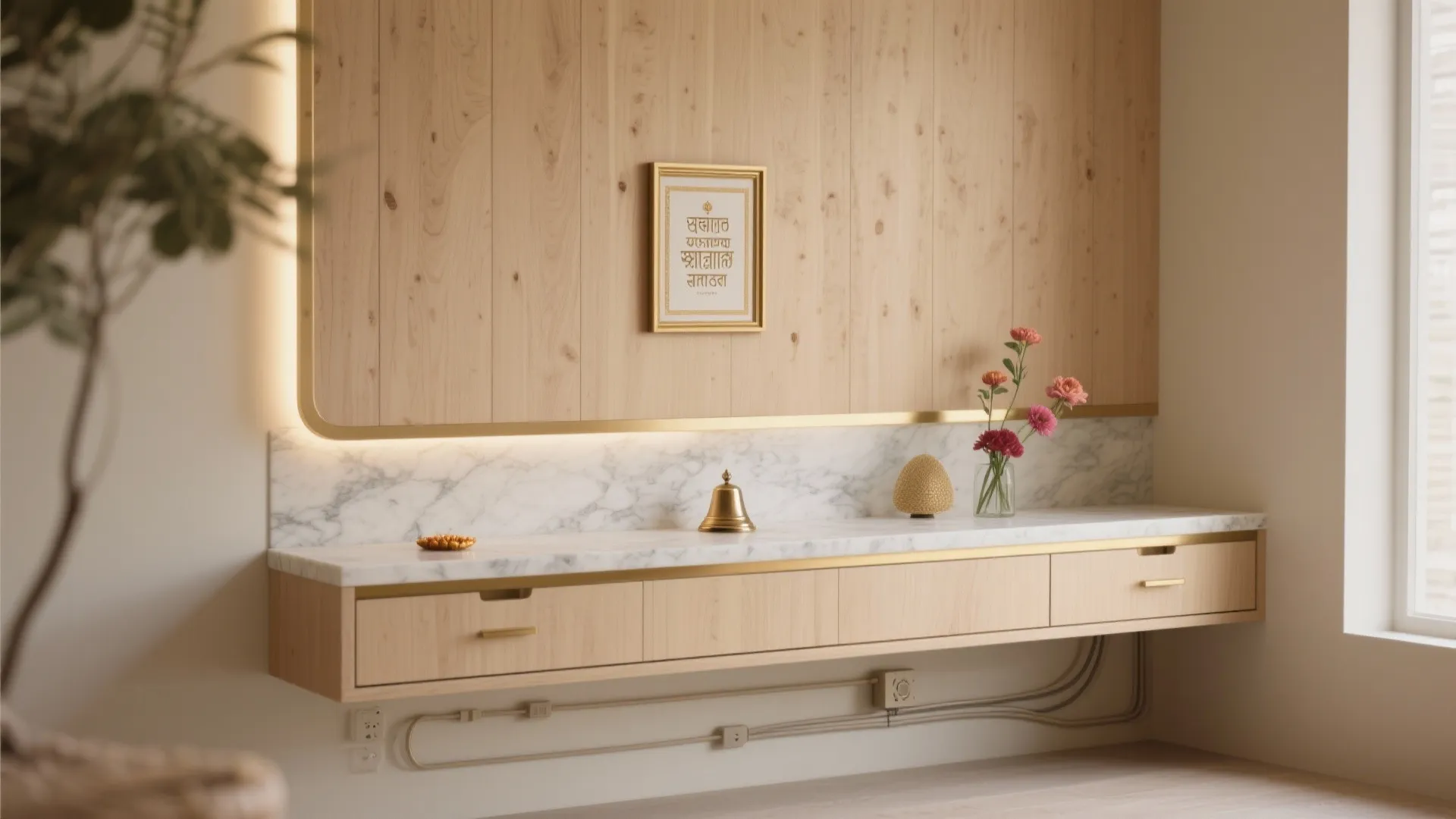 Warm Minimalist Altar Wall With Concealed Storage