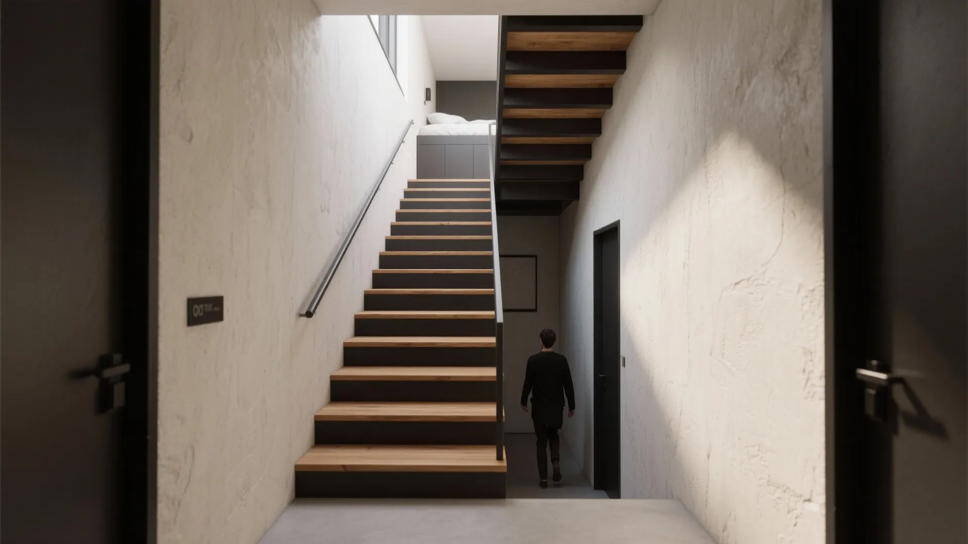 Modern wooden stairs with black handrail in a bright hallway leading to a small bedroom