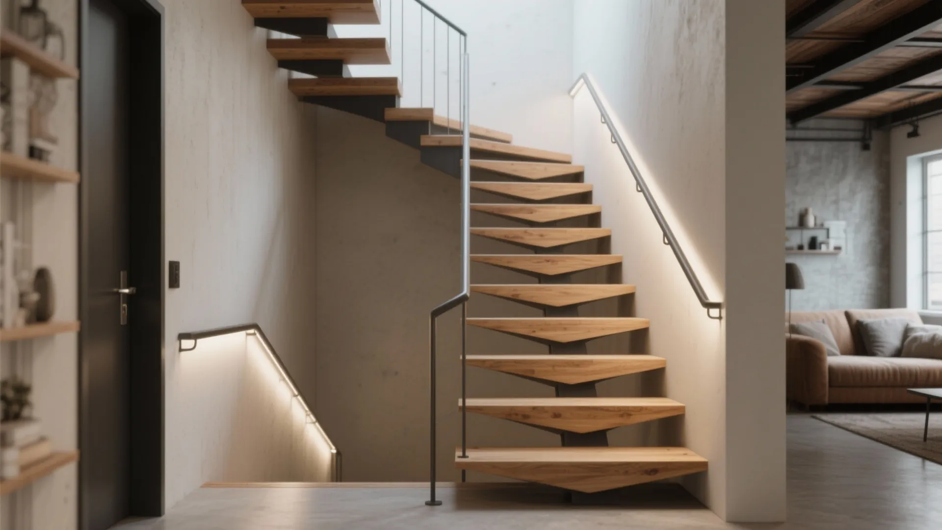 Narrow loft with alternating-tread staircase, clear handrail and warm daylight, showing compact zigzag treads.