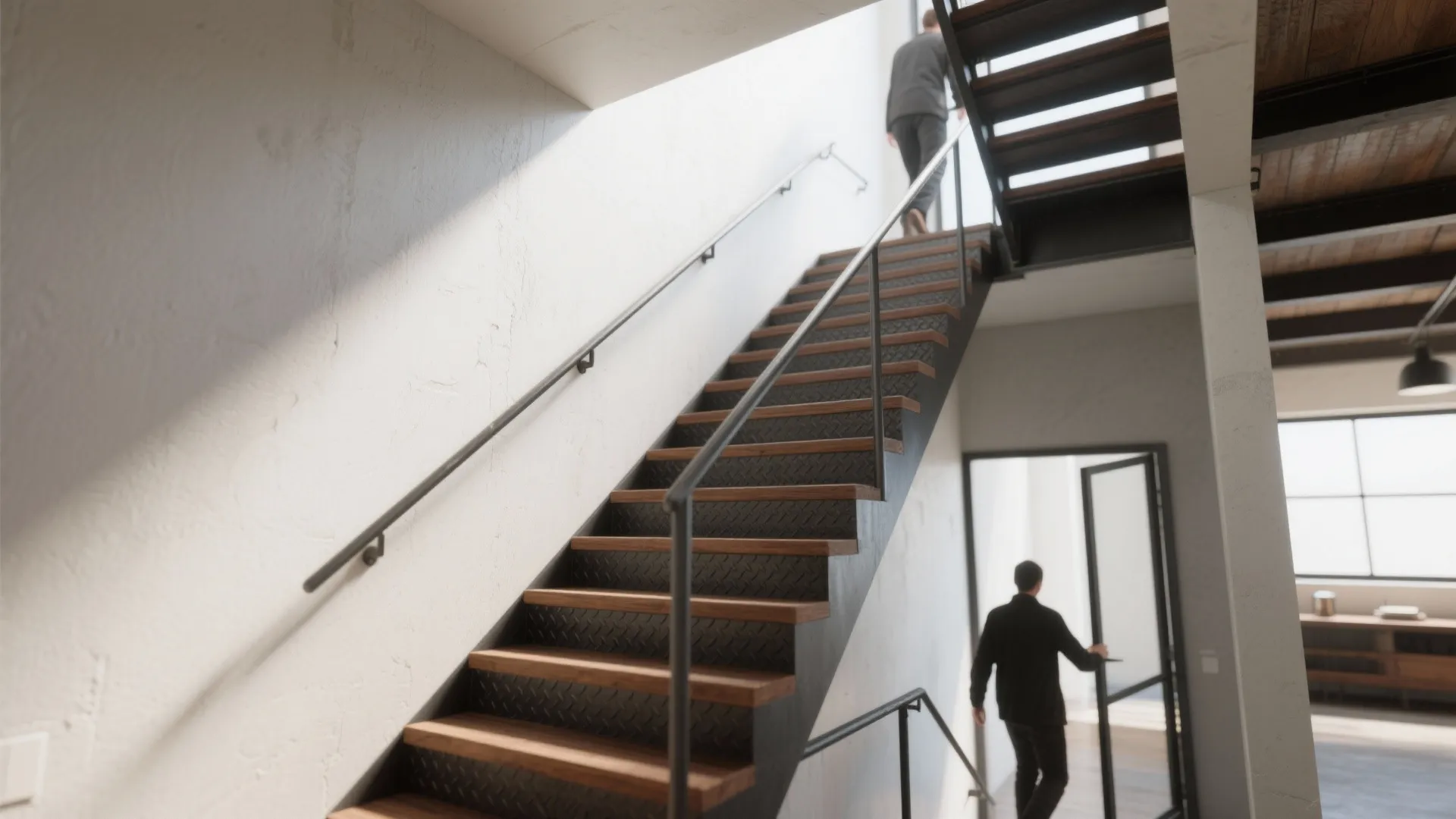 Modern wood and metal staircase in a bright hallway with people walking up and down