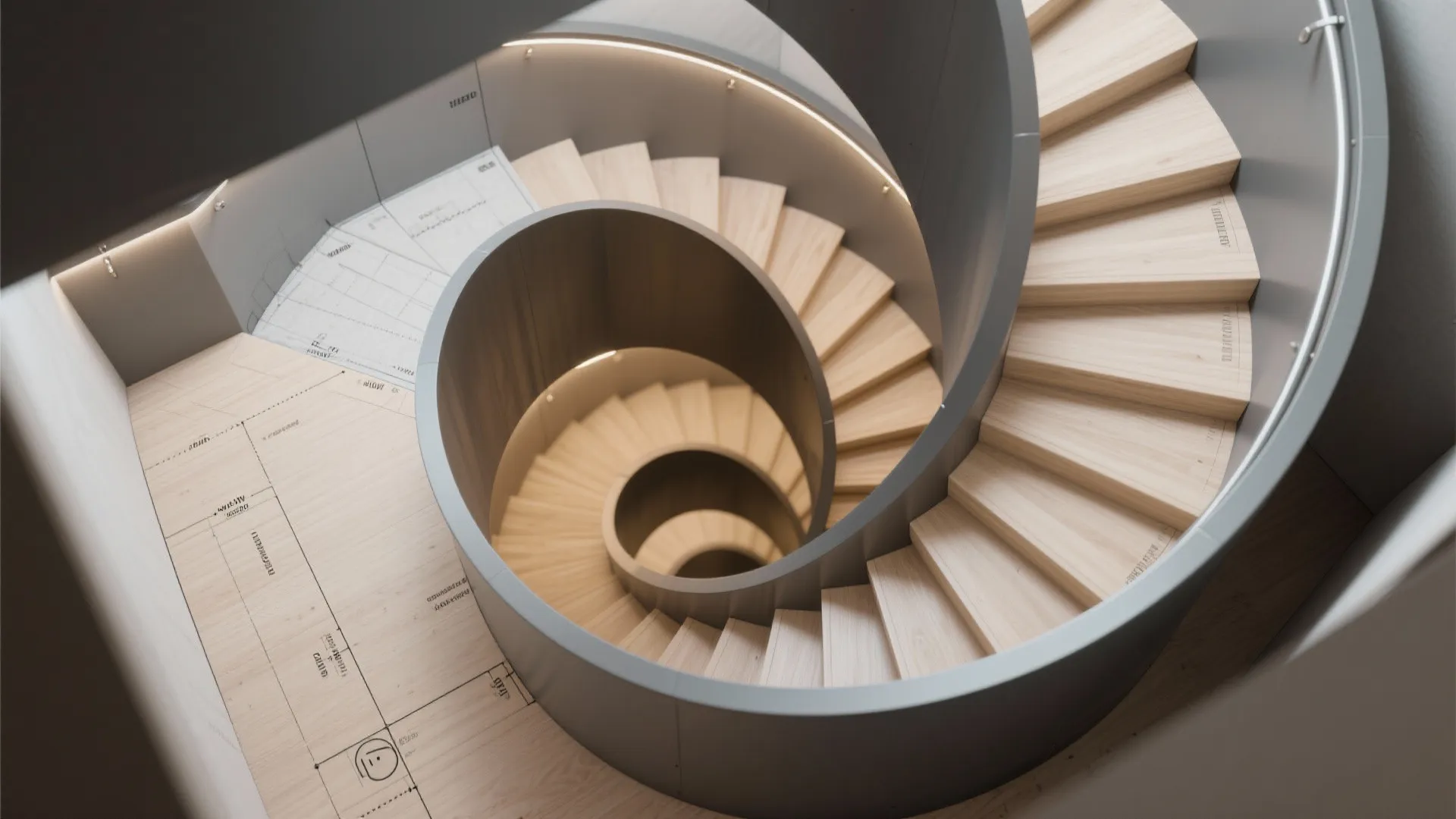 Modern spiral stairs with light wood steps and grey walls seen from a high angle