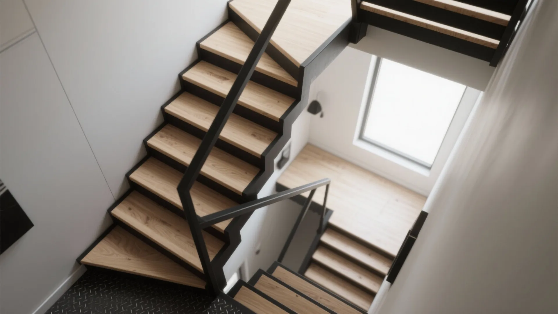 Top view of wooden staircase with black metal frame and railing in a modern home
