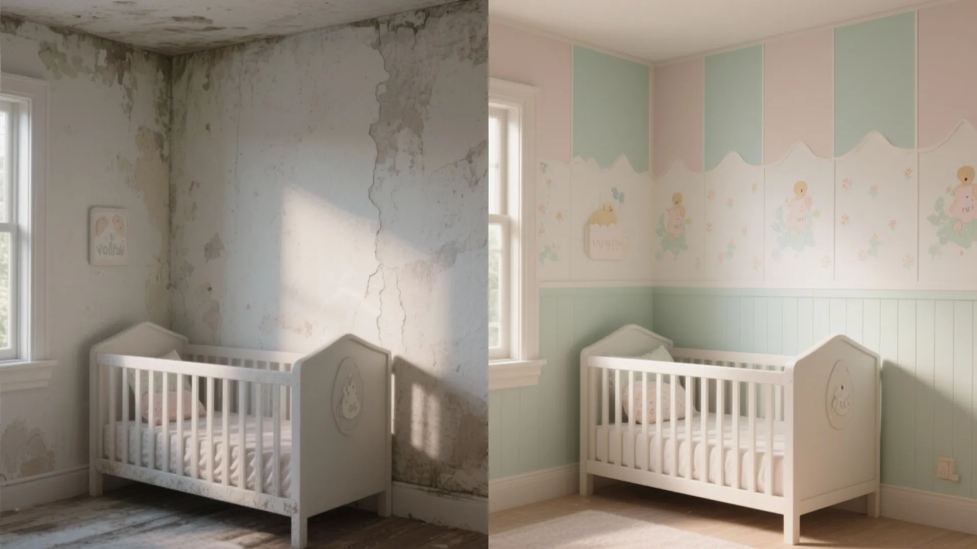 Before and after comparison of a baby nursery showing damaged walls versus a clean room