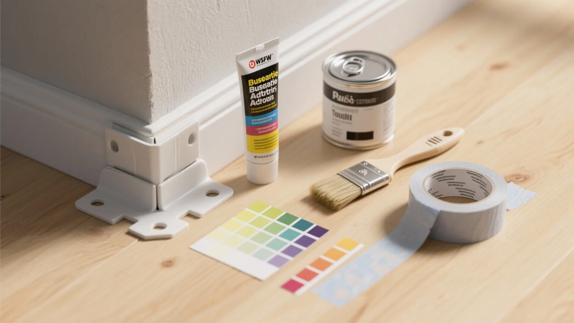 Home improvement tools including paint can, brush, tape, color swatches, and white wall corner brackets