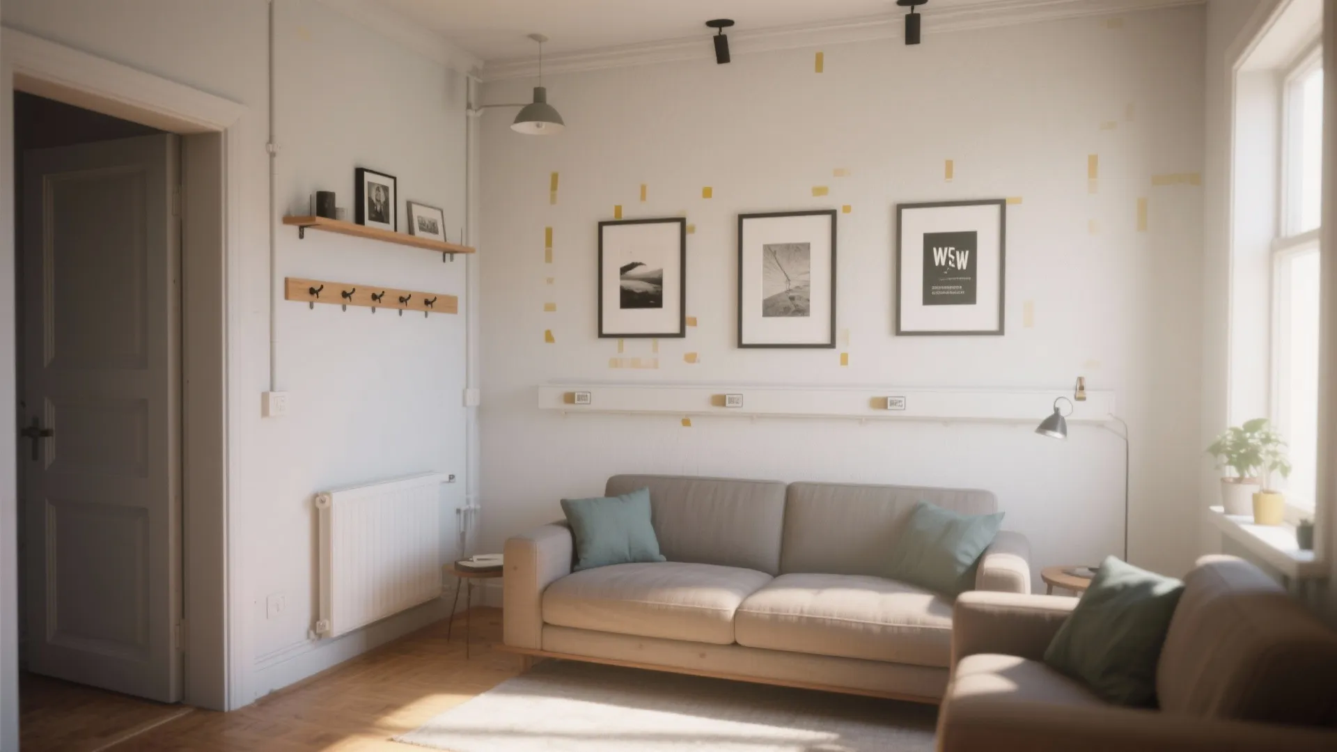 Modern white living room featuring grey sofa wood floor wall art and multiple ceiling lights