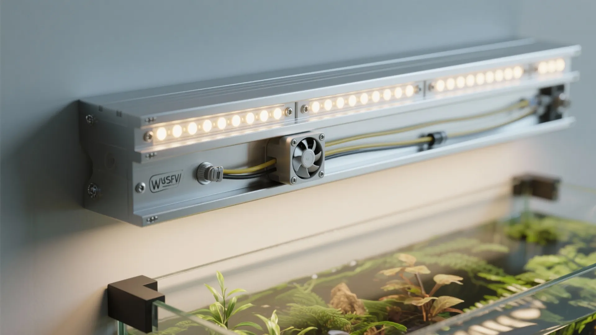 Aluminum LED channel retrofit with a small cooling fan and neat waterproof wiring above a small aquarium.