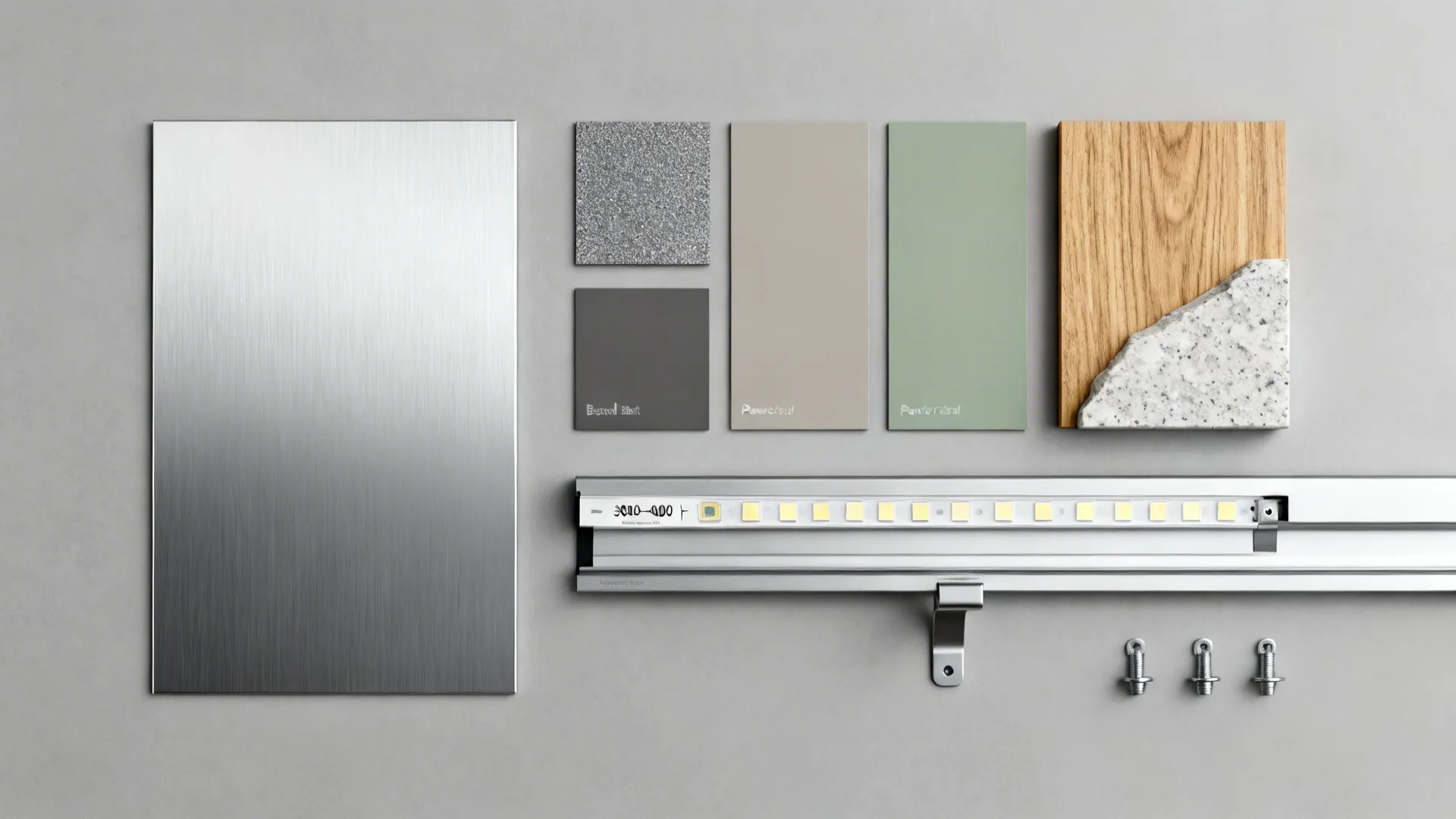 Material board with metal panel color samples wood block stone and a long led light fixture